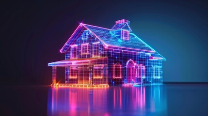 futuristic architecture of a bright neon house hologram in stunning 3D - obrazy, fototapety, plakaty
