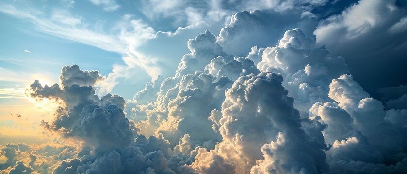 Majestic Cumulus Clouds at High Altitude. A breathtaking aerial view of towering cumulus clouds bathed in the golden light of the setting sun
