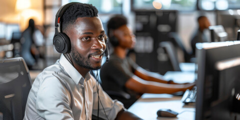 Obraz premium Friendly Call Center Representative Assisting Customers During Busy Office Hours