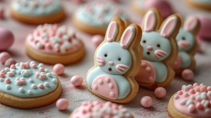 Fototapeta na wymiar Delightful Easter cookies shaped like bunnies with pastel icing and coordinating candy pearls on a festive table setting.