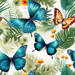Seamless pattern of butterflies and tropical leaves for decoration, background and textile.