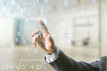 Double exposure of male hand presses on scientific formula hologram on blurred office background,...