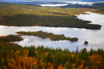 Autumn Landscapes overlooking the lake Kaskama. Kola Peninsula, Arctic Circle, Russia - 745288995