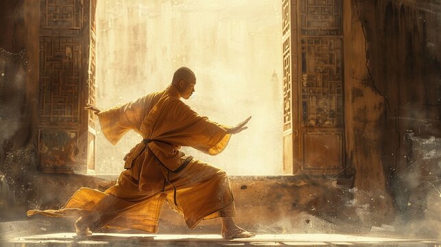 Shaolin warrior monk finding inner strength through kung fu practice
