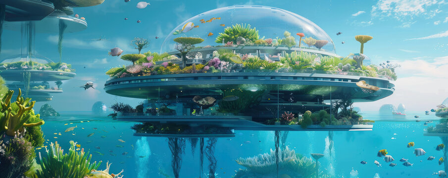 A marine sanctuary floating in the sky where sea creatures and humans coexist showcasing the possibilities of futuristic habitat engineering
