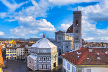 Top cityscape view on the dome of Santa Maria del Fiore church and old town in Florence