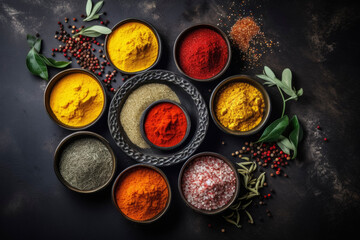 Obraz na płótnie Canvas Assorted Spices in Bowls on Dark Background