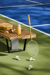 Badminton sports equipment on outdoor court. A racket and shuttlecocks are near a bench under the shade of trees. 3D illustration, rendered in vertical orientation.