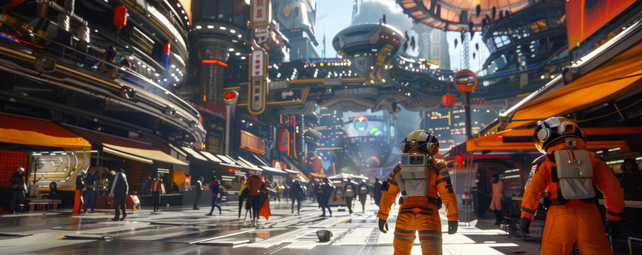 Astronauts exploring the heart of a bustling futuristic city where sci fi meets urban life in a vibrant display