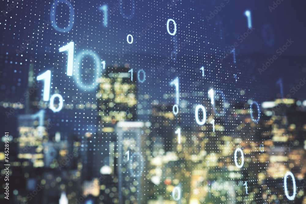 Leinwandbilder abstract virtual binary code sketch on blurry office buildings background, hacking and matrix concep