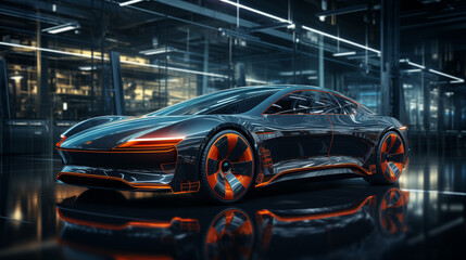 Futuristic sports car with glowing wheels in a neon-lit garage.