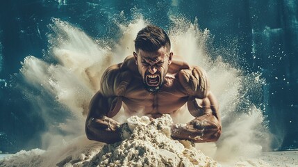 extremely displeased bodybuilder hitting huge pile of protein powder