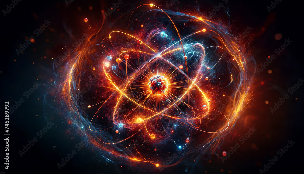 Wall mural abstract representation of an atom with electrons orbiting around a nucleus, glowing with energy and