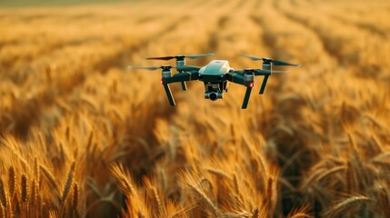 A drone flies over a golden wheat field at dawn
