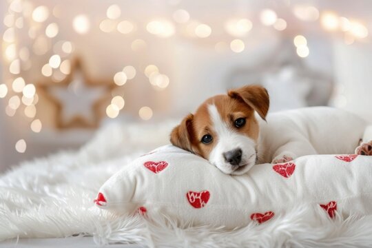 A cute puppy lies on a white pillow with red hearts. Pet care concept
