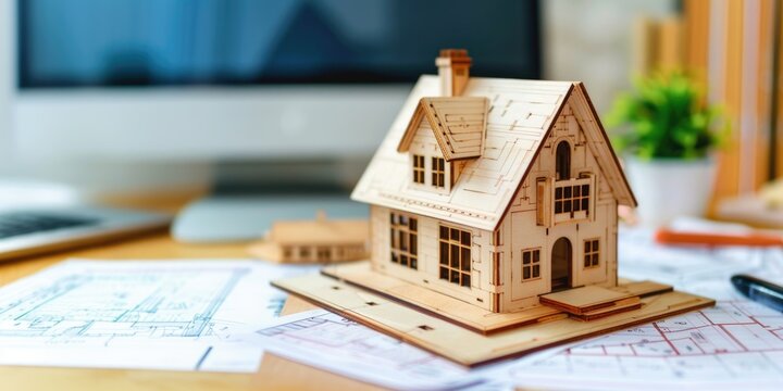 Wooden model of a house on a table with drawings and house layout. Renting house and real estate concept.