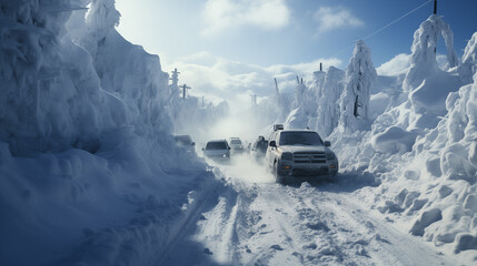 Winter traffic: Cars driving on a snowy road with high snowbanks on either side under a blue sky.