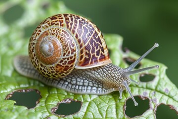 a snail sitting on a plan leaf with holes in it - macro photo