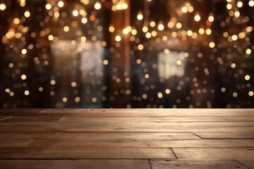 Empty wooden table top with blurred bokeh lights in the background for product display