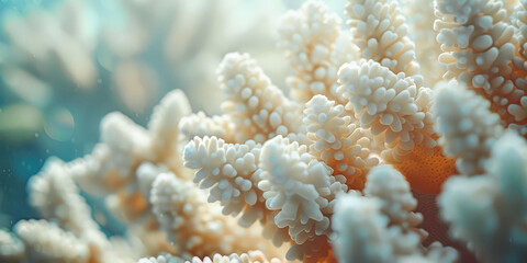 Fototapeta premium Coral Reef Ecosystem, Underwater Beauty. Close-up texture of coral reef polyps, intricate textures and colors of marine biodiversity, copy space background.
