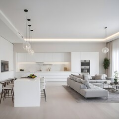 Luxurious interior design living room and white kitchen. Open plan interior.