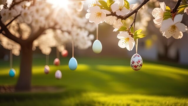 Stylish background with colorful Easter eggs hanging on blooming plum tree branches outdoor in park or garden
