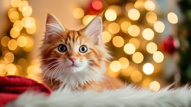 Beautiful and adorable Norwegian Forest cat lying on blanket near by blurred Christmas tree on the cozy indoor background. New year festive picture. Greeting placard template.