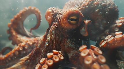closeup of a beautiful octopus swimming in the ocean, its tentacles swirling in the water like ribbons of silk - obrazy, fototapety, plakaty