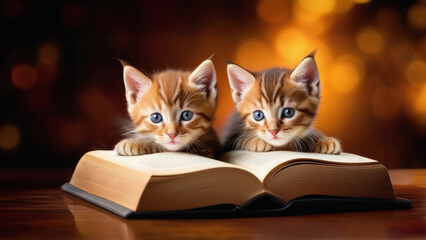 Cute cat laying in an open book. Education concept.