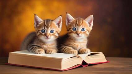 Cute cat laying in an open book. Education concept.