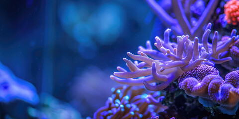 Coral Reef Ecosystem, Underwater Beauty. Close-up texture of coral reef polyps, intricate textures and colors of marine biodiversity, copy space background.