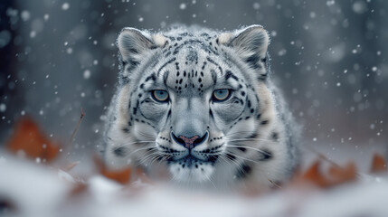 Beautiful snow leopard portrait, pc splash screen template.