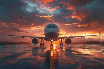 A powerful image of a commercial airplane against a striking sunset sky, emphasizing the beauty of travel and technology