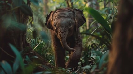 Fototapeta premium captivating scene of a baby elephant calf walking in the lush greenery of the forest, a heartwarming wildlife adventure in its natural habitat
