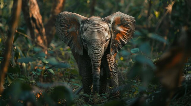 young elephant calf taking its first steps in the forest, a magical moment in the wild