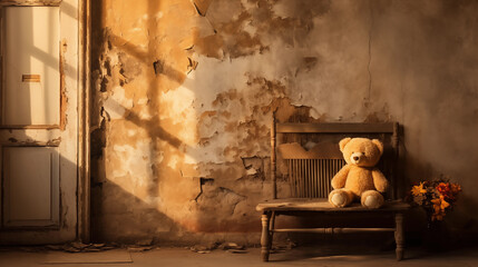 Retro chair and teddy bear in morning light, Dawn in a vintage room with antique chair and teddy bear