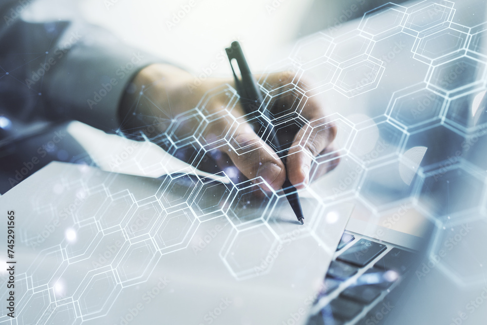 Poster double exposure of technology hologram with hexagon and hand writing in notebook on background with 