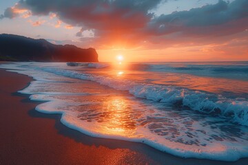 A breathtaking sunrise over the ocean with waves gently breaking on the shore and warm golden light illuminating the sky and water