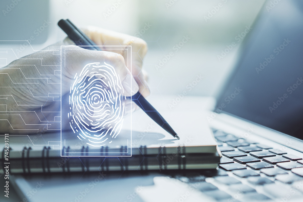 Poster abstract creative fingerprint illustration with hand writing in diary on background with laptop, per