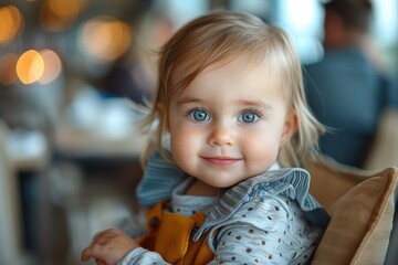 Fototapeta premium A charming toddler with heartwarming blue eyes and a captivating smile sitting and looking playful
