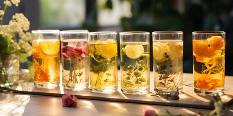Glass cups filled with herbal tea infusion surrounded by fresh spring flowers. Concept Spring Refreshment, Herbal Infusion, Glass Cups, Fresh Flowers, Seasonal Beverages