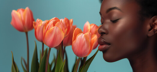 Profile portrait of a beautiful black woman smelling colorful spring flowers on blue pastel background. The arrival of spring and Mother's Day concept. - obrazy, fototapety, plakaty