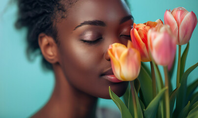 Fototapeta premium Profile portrait of a beautiful black woman smelling colorful spring flowers on blue pastel background. The arrival of spring and Mother's Day concept.