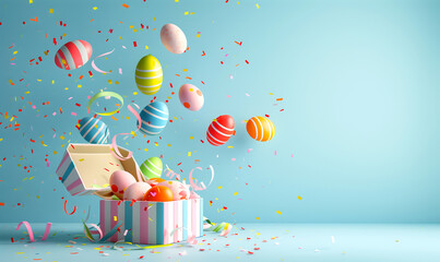 colorful banner with easter eggs flying out of a gift box on a light blue background - 745292159