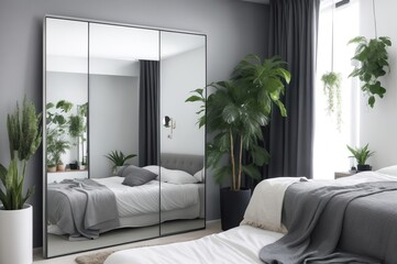 gray bedroom interior with mirror and home plants	
