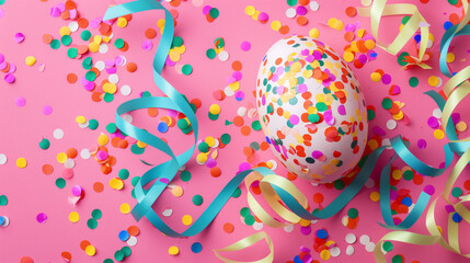 Decorated easter egg with party streamers on pink background. Easter concept. Flat lay