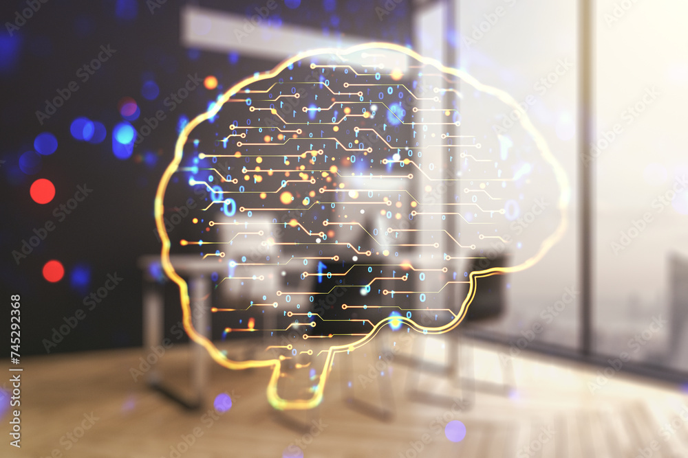Wall mural creative artificial intelligence concept with human brain hologram and modern desktop with computer 