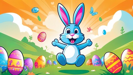 Cartoon little bunny holding Easter egg