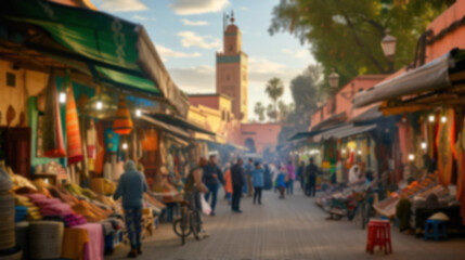 Street marketplace. Arabic bazaar. Blurred, unfocused background. - obrazy, fototapety, plakaty