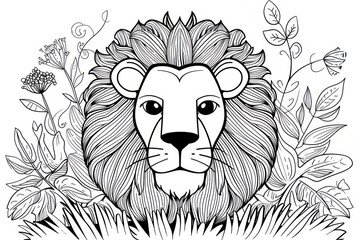 Cute lion, detailed illustration. Coloring page. Linear painting without colors.